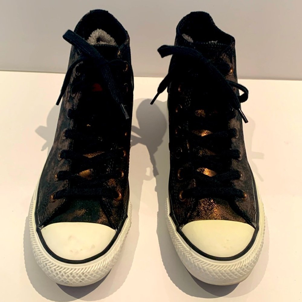 Copper and black rubbed leather high top converse